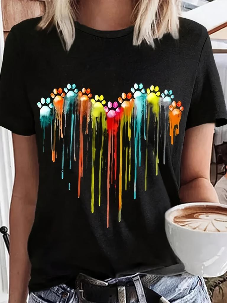 Womens Casual Short Sleeve TShirt with Colorful Dripping Paint Heart Comfort Artistic Print Top Aesthetic Clothes Casual
