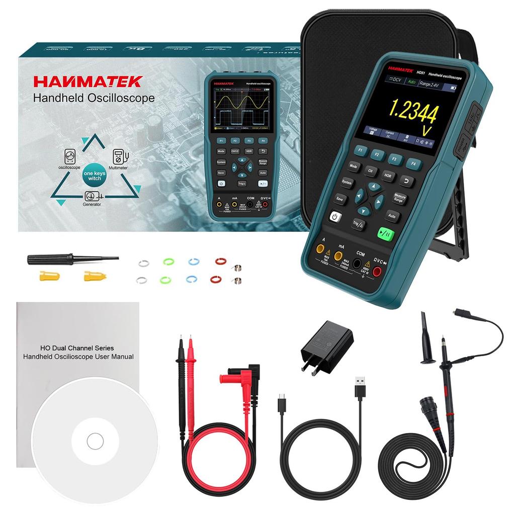 HANMATEK Handheld Oscilloscope 50MHz Bandwidth Waveform Generator TFT Oscilloscope with and 3-in-1 Multimeter, HO51, 3.5-inch Auto-Calibration,