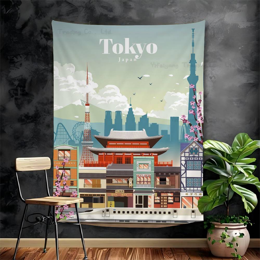 Vintage Japan Tokyo Japanese City Landscape Canvas Cartoon Tapestry Art Science Fiction Room Home Decor Wall Hanging Home Decor