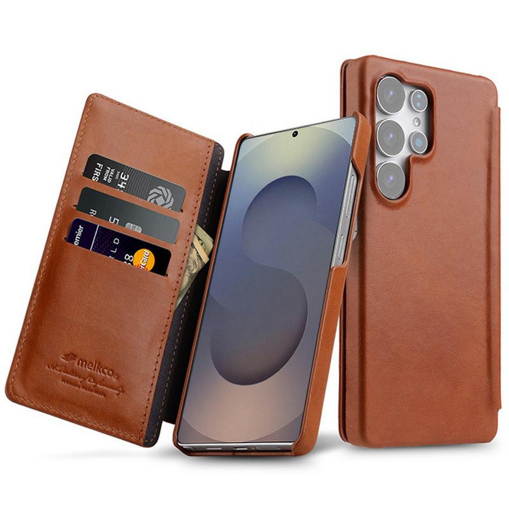 

MELKCO Чехол для Samsung Galaxy S25 Ultra с отделениями для карт, откидная крышка из натуральной коровьей кожи Brown