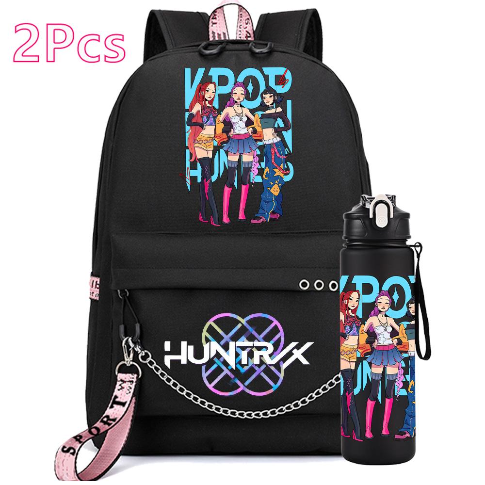 2Pcs/set Anime Cute Kpop Printed Backpack with 750Ml Water Bottler for Teenager Girl Boy Bookbag Kid Gift Large Capacity Travel Bag Rucksak