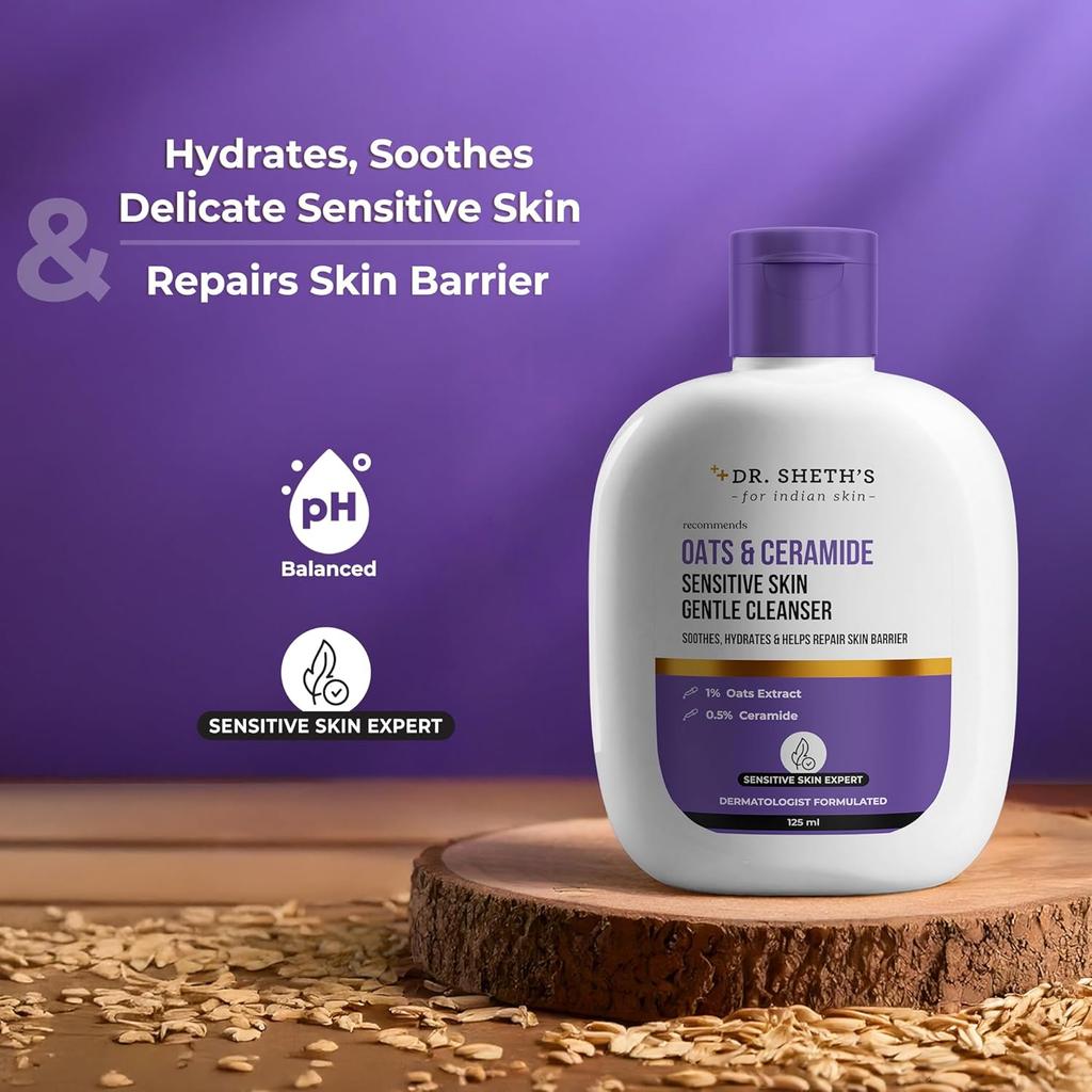 Dr. Sheth's Oats & Ceramide Gentle Cleanser For Sensitive Skin | Hydrating Daily Face Wash 125 Ml