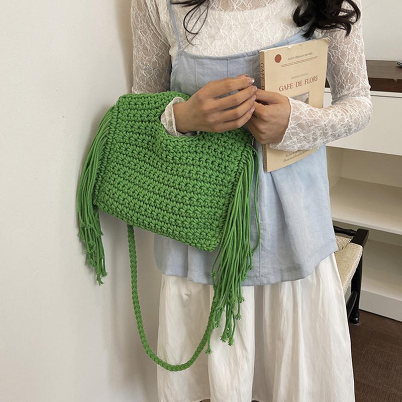 Yogodlns Knitted Tassel Bag New Summer Vacation Style Single Shoulder Diagonal Cross Woven Bag Fashionable Simple Women's Handbag