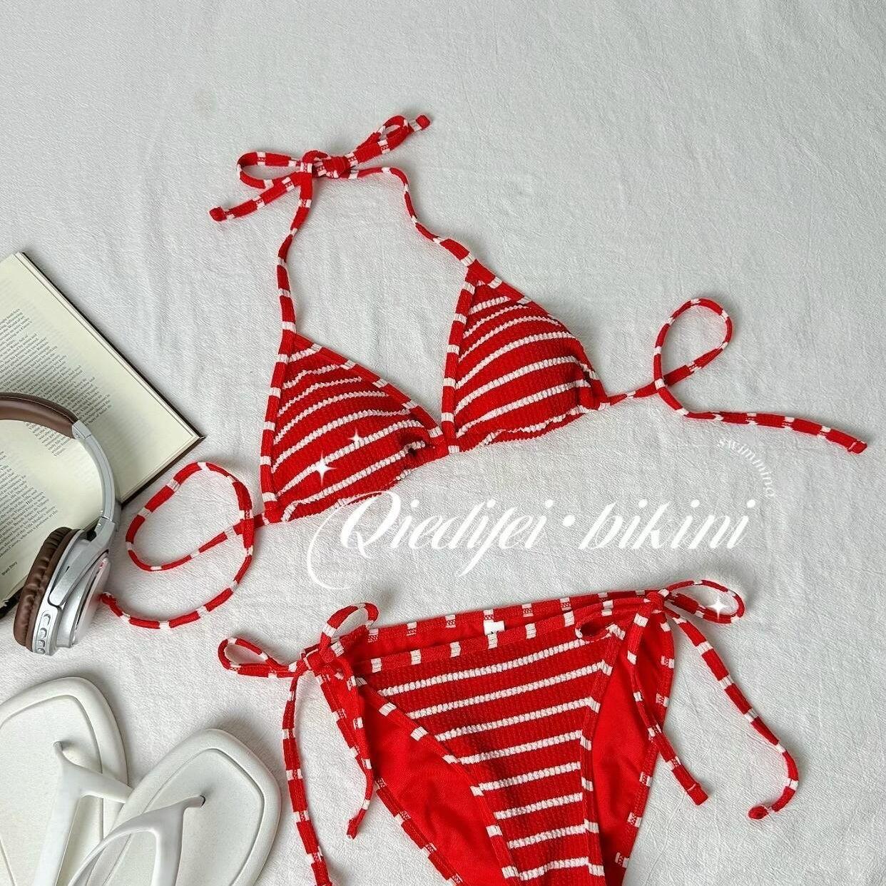 

Vacation split red striped bikini sexy red babes loose sunscreen blouse hot spring beach swimsuit S