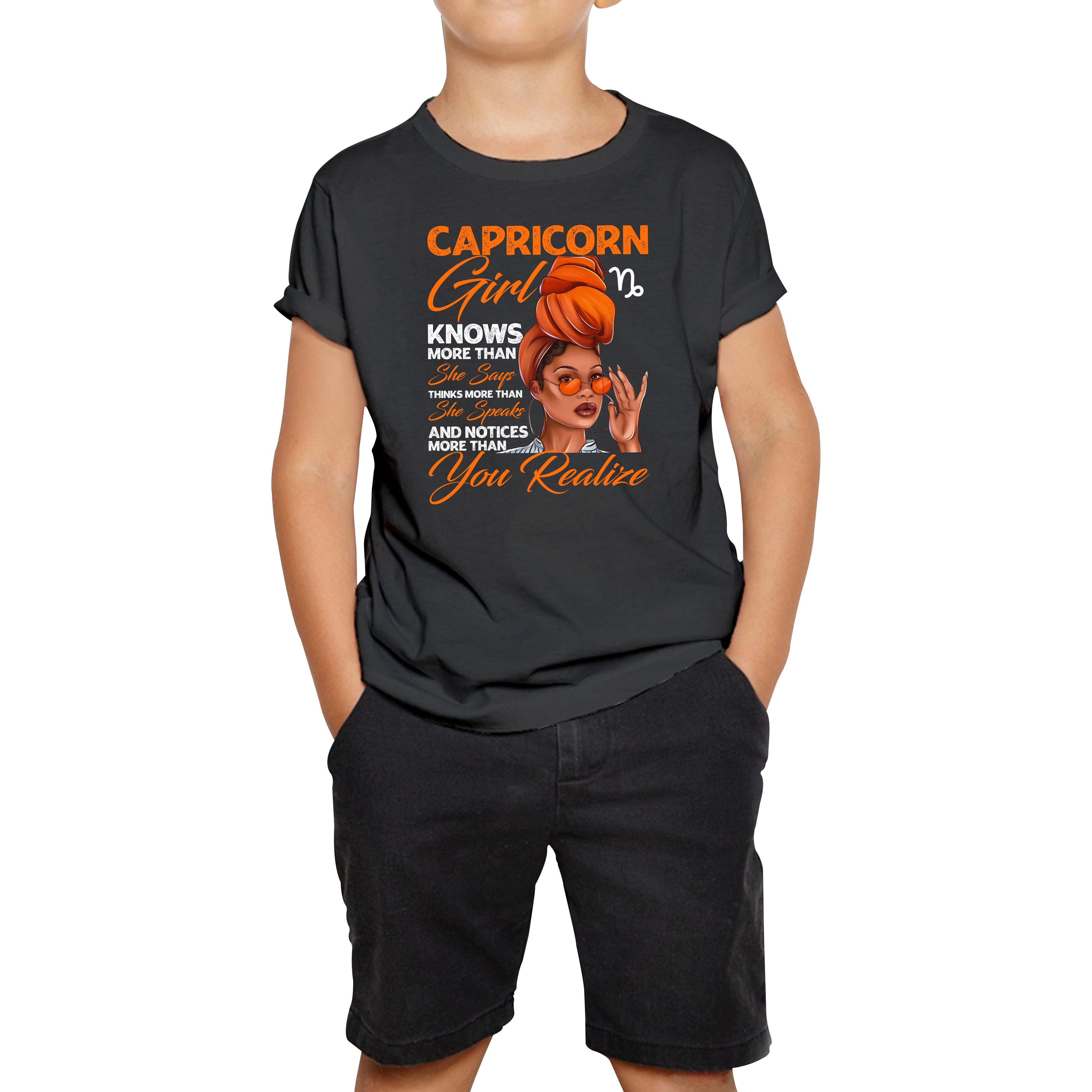 Capricorn Girl Knows More Than Think More Than Horoscope Zodiac Astrological Sign Birthday Kids Tee 120