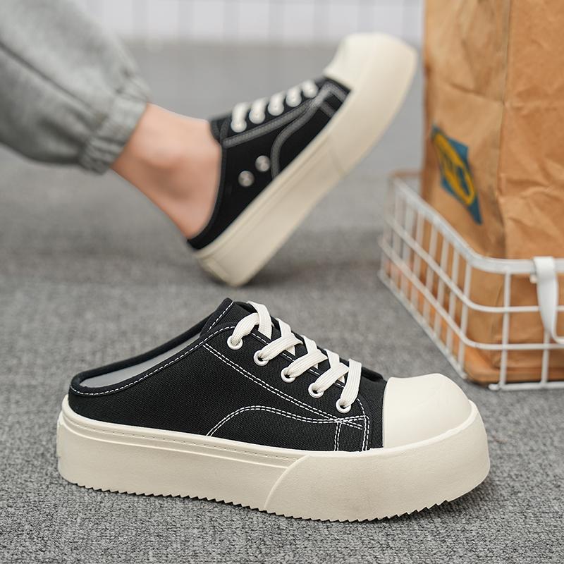 Summer New Half-drag Canvas Shoes Without Heels, Lazy Person's One-foot Wear, Thick-soled, Big-headed Outerwear Board Shoes