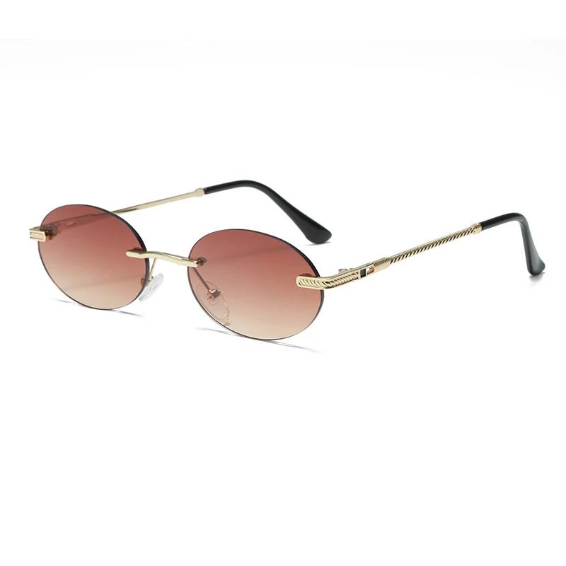 

Fashion Oval Sunglasses Small Rimless Shades Luxury Brand Designer Women Men Metal Blue Sun glasses High Quality UV400 Eyewear As Picture