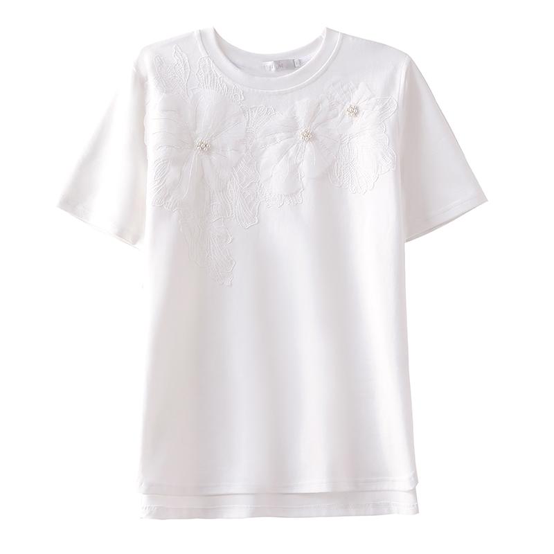 Dimanaf 2025 Summer Women Plus Size Basic T-Shirt Vintage Fashion Casual Loose Flower Lace Tops Tees Oversized
