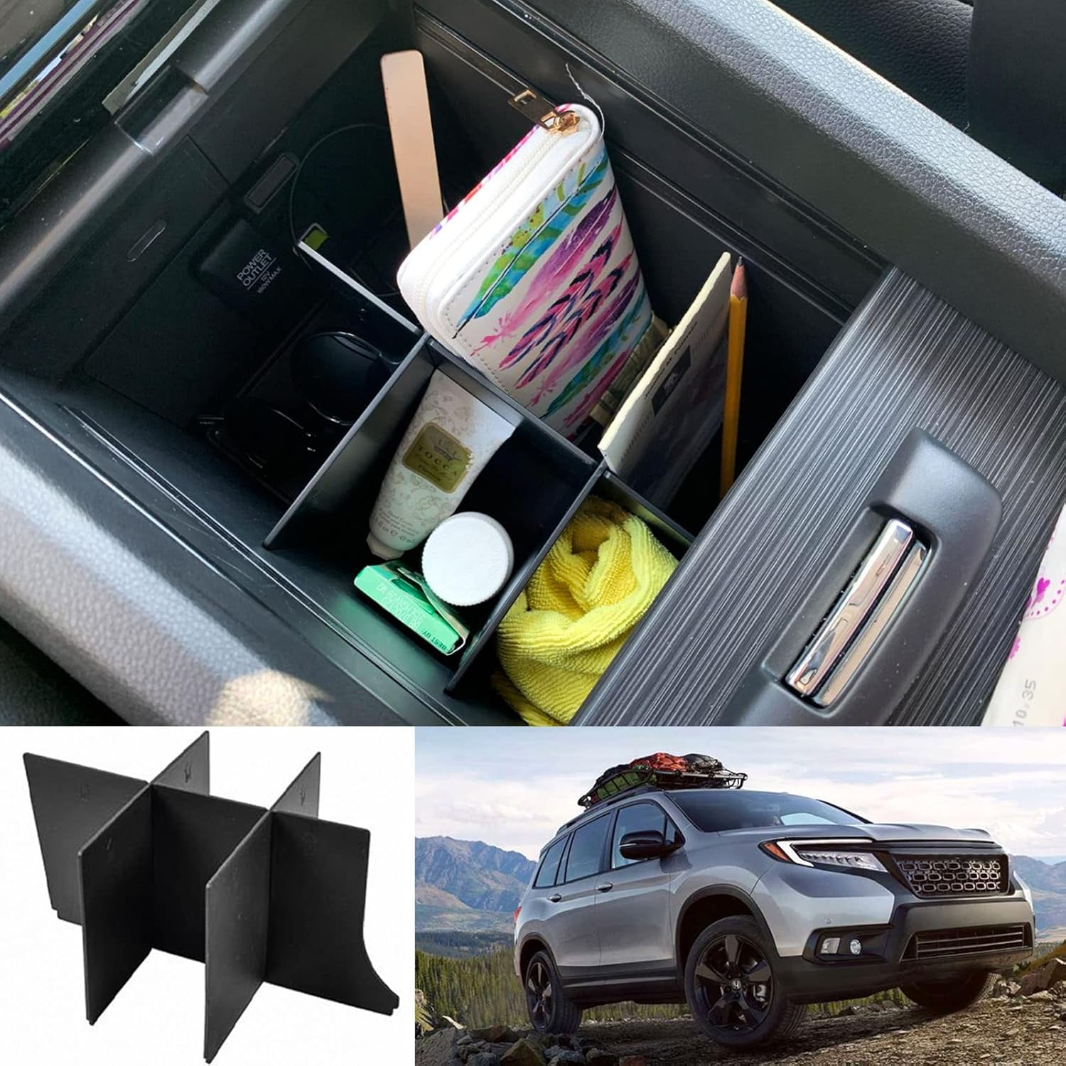 TACOBRO Center Console Organizer Dividers For Honda Pilot 2016- / Ridgeline 2017- / Passport -  Accessories, Black ABS Plastic Ert Secondary Storage