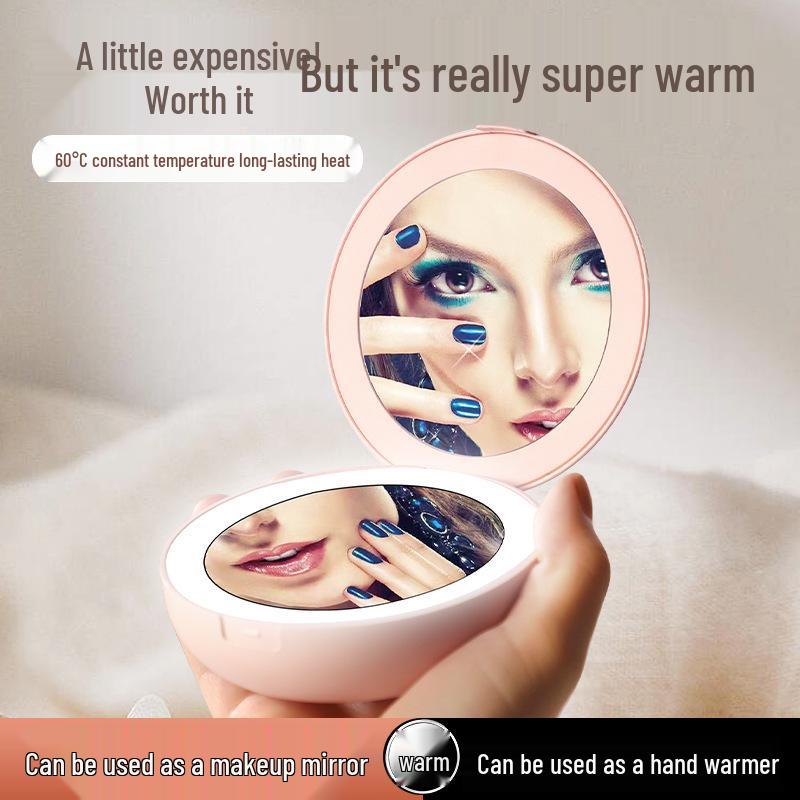 Portable USB-Charging LED Makeup Mirror: Double-Sided Folding Hand Warmer with Light & Magnification