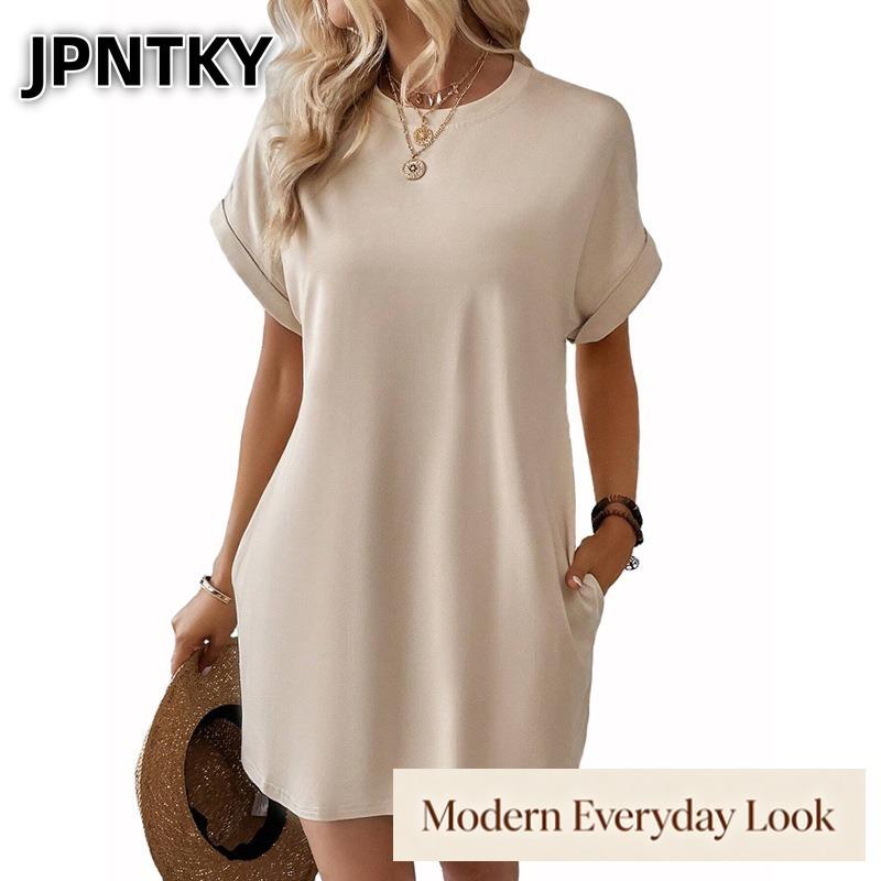 JPNTKY Women's Fashion Summer Spring Solid Color Print O-Neck Short Sleeve Casual Dresses