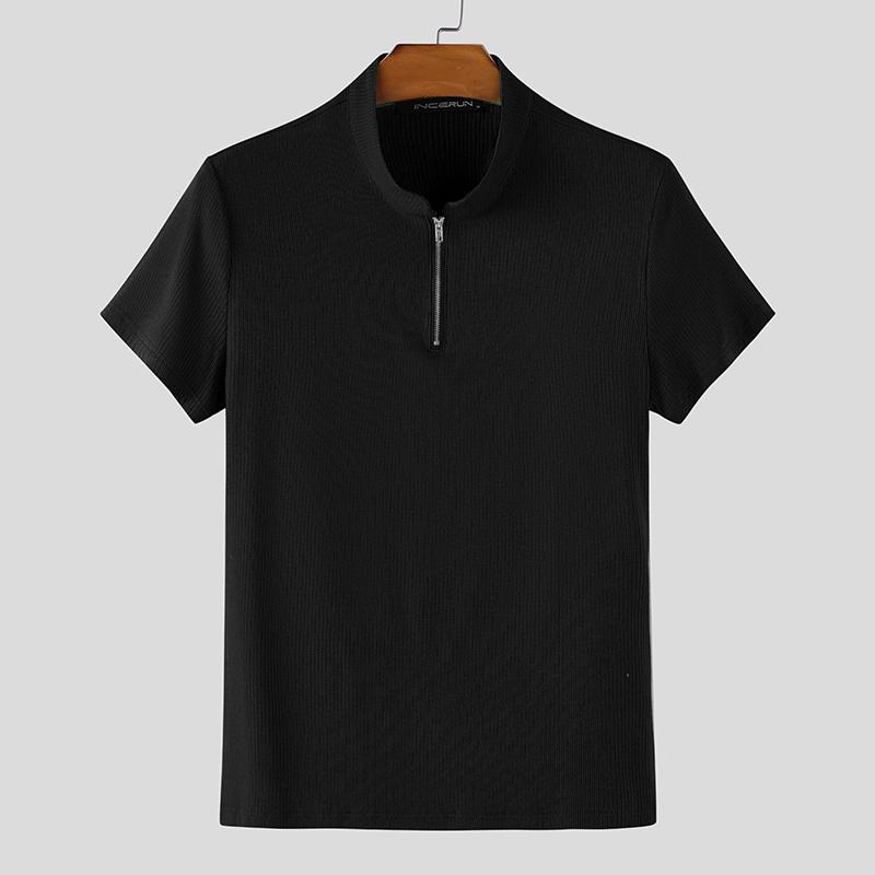 INCERUN Men Mockneck Short Sleeve Zip-up Rib Casual Fitted T-shirts Tops