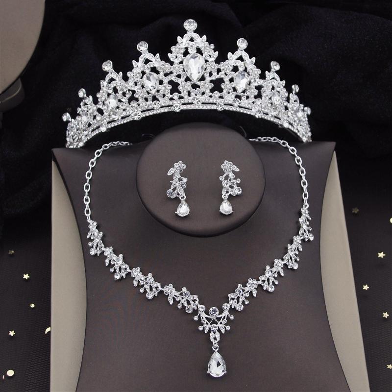 Silver Colors Crystal Bridal Jewelry Sets Women Fashion Tiaras Earrings Choker Necklace Wedding Dress Bride Crown Jewelry Set
