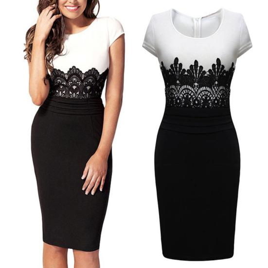 Women Sexy Short Sleeve Lace Patchwork Color Block Knee-length Bodycon Dress