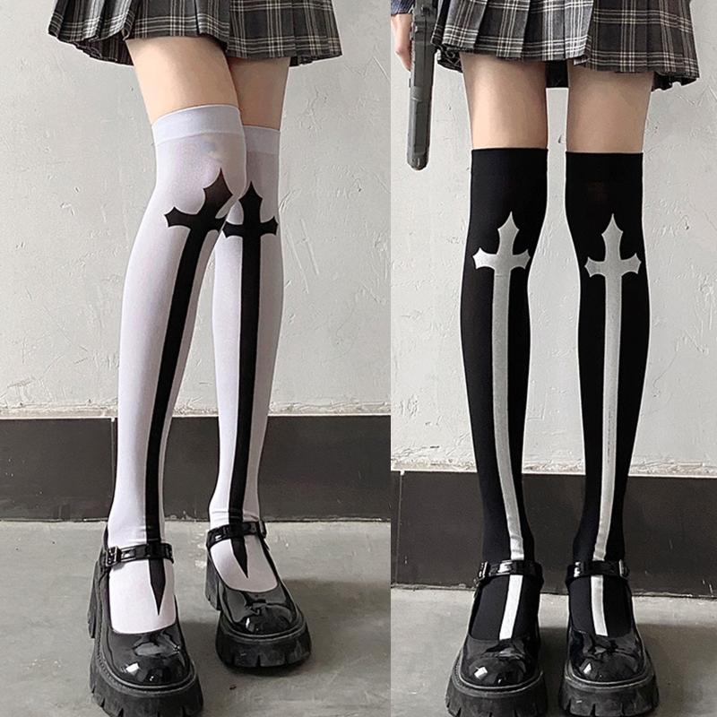 Damen Oberschenkelhohe Socken Halloween für Cross Sword Strümpfe Kniehohe Socken Atmungsaktive Baumwollsocken Gothic Kostüm Requisite
