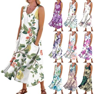 Lässiges, bequemes, ärmelloses Baumwolltaschenkleid mit Blumendruck für Damen