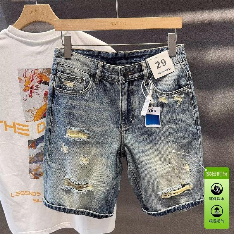 Hong Kong version of high-end cotton retro washed ripped denim shorts men's summer thin straight five-point pants