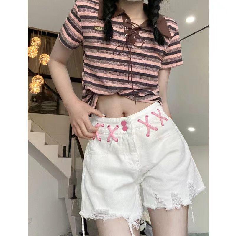 

Women s Spicy Style High-Waist Raw Hem Denim Shorts with Drawstring and Slimming Straight Leg S белый