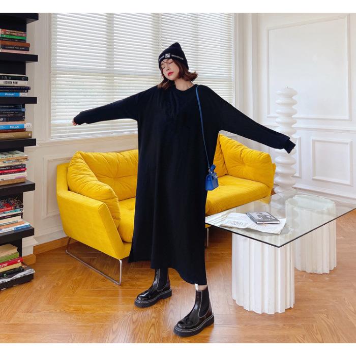 

YYFS Women s Fashion Fall Winter Solid Color Print Long Sleeve O-Neck Loose Waistline Casual Dresses Size: One Size