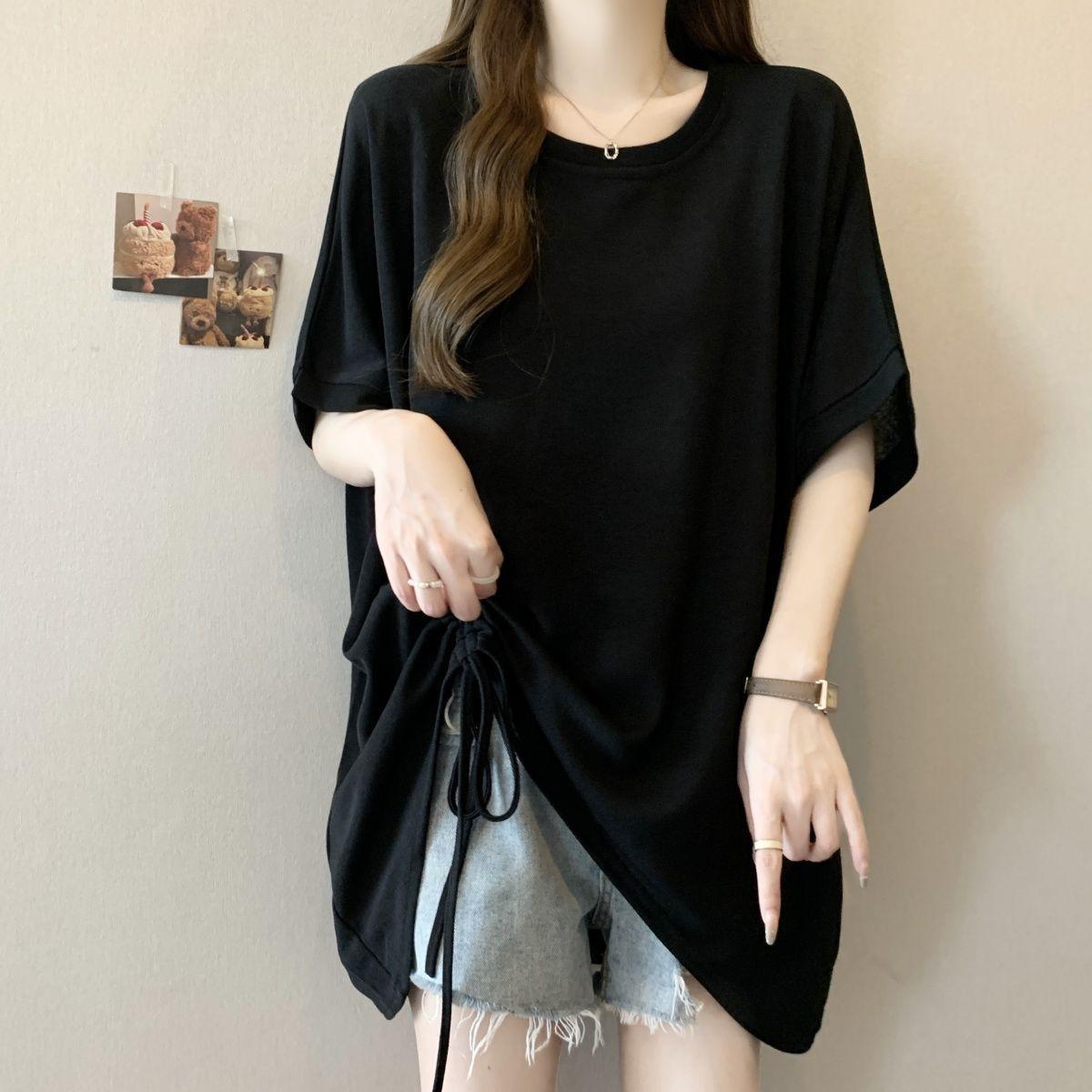 Round Neck Loose Batwing Sleeve T-Shirt with Adjustable Side Drawstring Ruched Detail S
