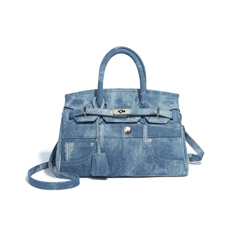 Unique retro and cool platinum bag for women, 2024 new model, denim with a high-end feel, patchwork design, can be used as a handbag, shoulder bag