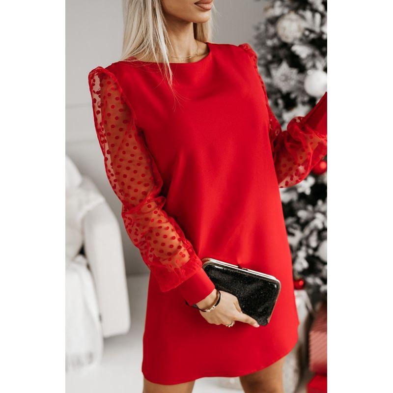 

Trade European and American Women s Clothing Independent Station 2025 Spring New Arrival Pure Color Mesh Long Sleeve Short Dress round Neck Dress Red L