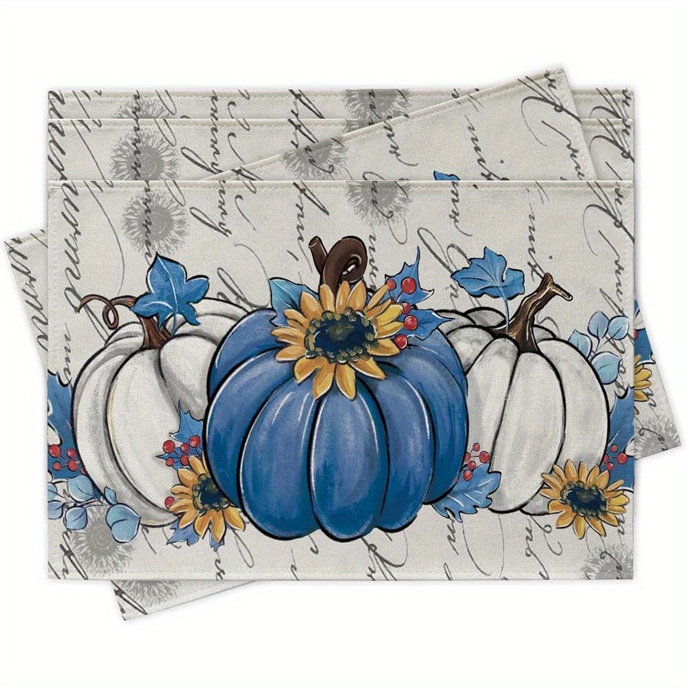 4pcs Blue-White Pumpkin Pattern Linen Placemats, 12 x 18 Inches, Washable Table Mats for Kitchen Home Decor, Kitchen Table Setti 30x45cm-6PC