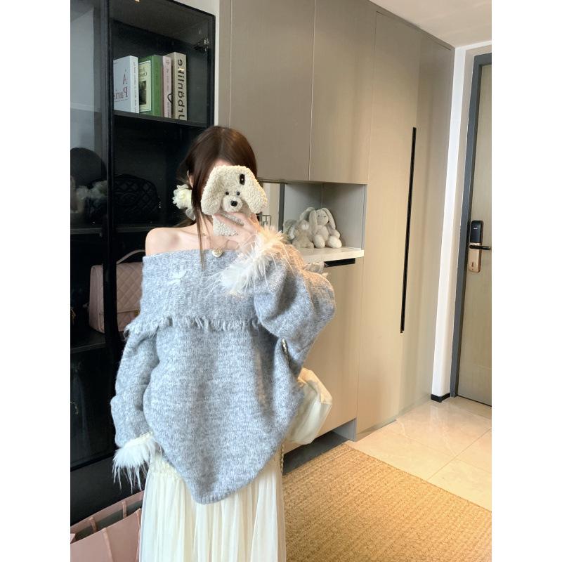 Plus Size Women s Elegant French Style Knit Top with Tassel and Butterfly One-Shoulder Design M
