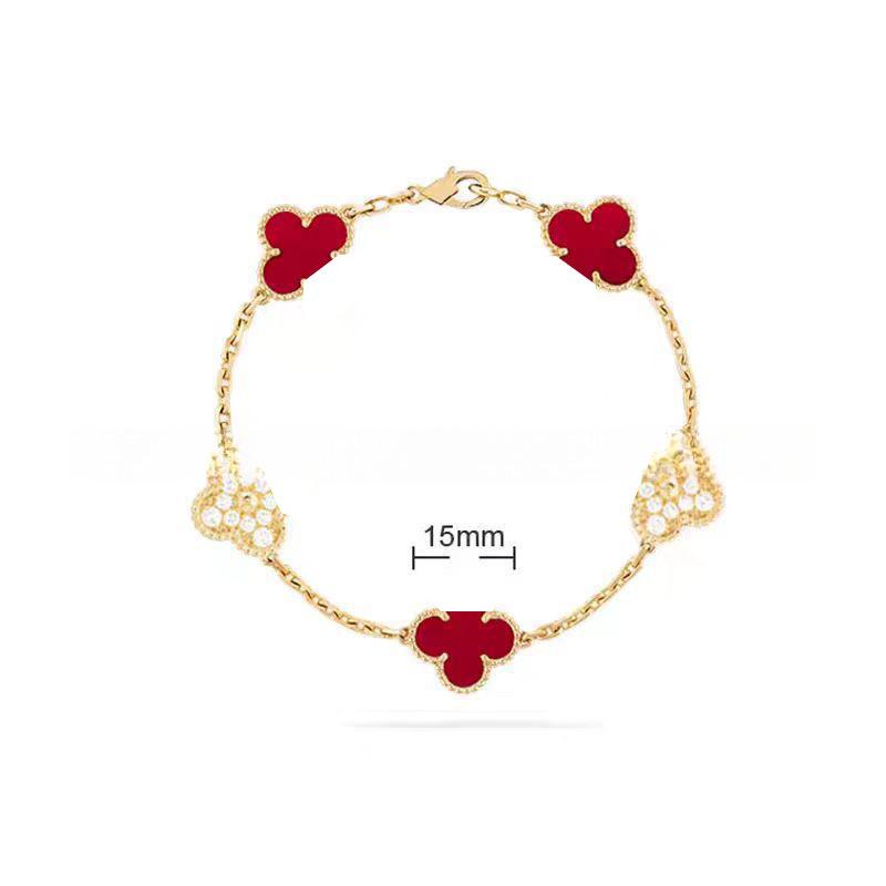 15MMHigh-quality Four-leaf Clover Five-flower Bracelet for Women 18k Natural White Mother-of-pearl and Red Chalcedony Bracelet
