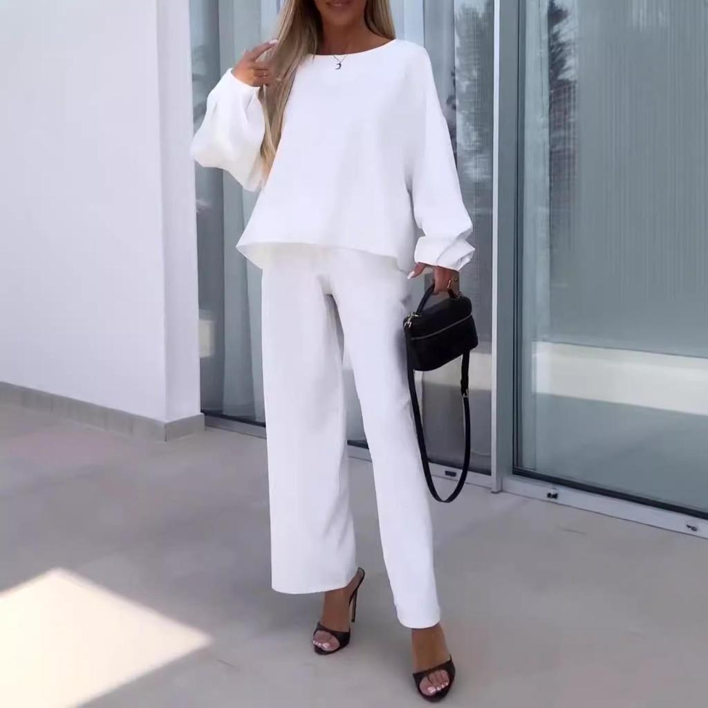 Autumn 2025 Women's Solid Color Round Neck Two-Piece Set with Long Sleeve Top & Elastic Waist Pants