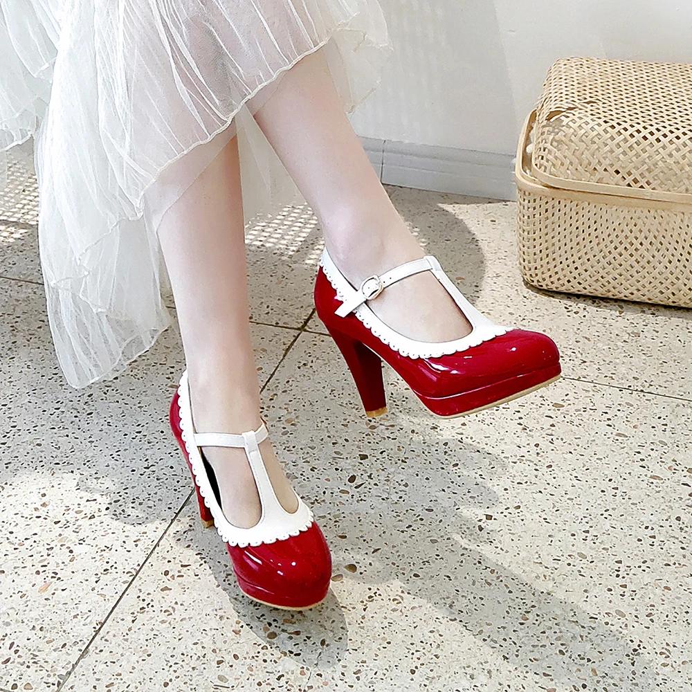 Fashion Spring Vintage T Strap Mary Janes Shoes For Women Blue Patent Leather Platform Pumps Female Ladies Footwear Sandalias De Mujer