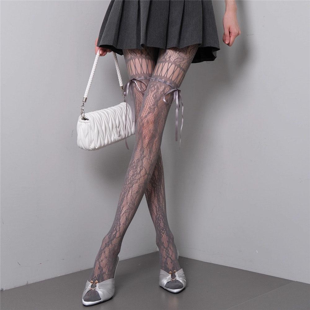 

Smooth Mesh Lace-up Pantyhose High Waist Sheer Pantyhose Tights Shaping Silk Stockings Women сірий