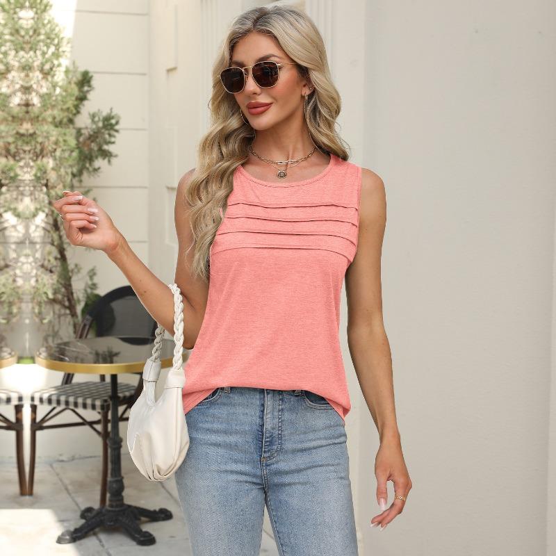Women's New Spring/summer Solid Colour U-neck Pleated Vest T-shirt