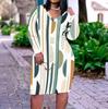 Women Plus Size V Neck Long Sleeve Printed Straight Midi Dress