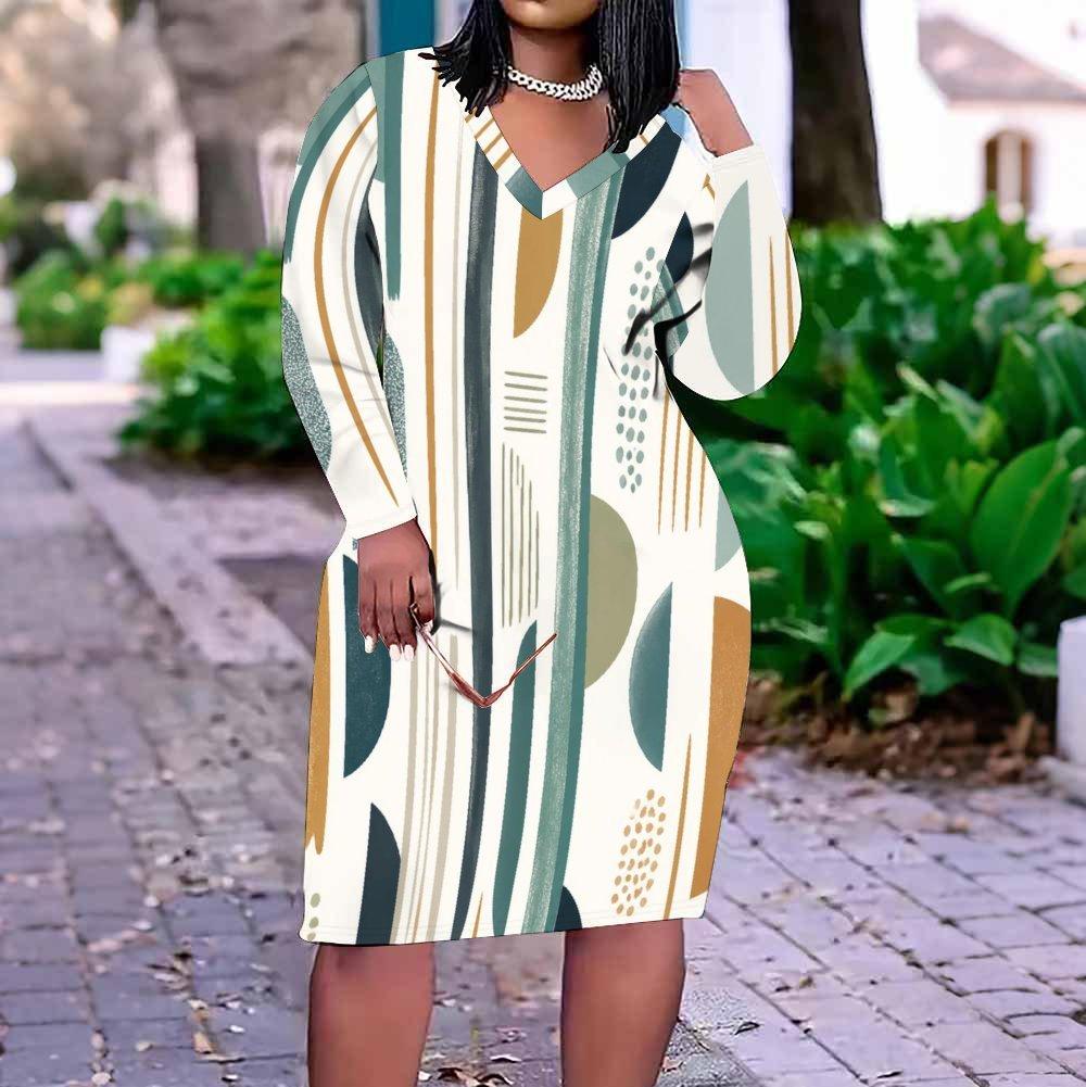 Women Plus Size V Neck Long Sleeve Printed Straight Midi Dress