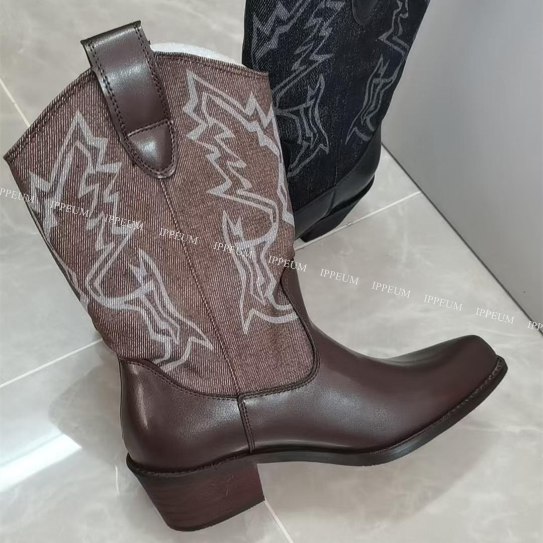 

Fashion IPPEUM Western Cowboy Boots For Women 2025 New Fashion Winter Brown Ankle Black Heel Shoes Cowgirl Boot 225