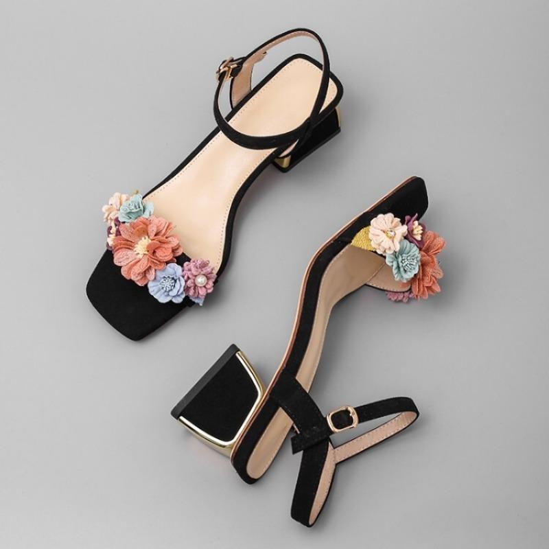 Fashion Women Sweet Colored Flower Sheep-suede Fashion Sandals Summer 4.5cm Low Heel Birthday Party Wedding Bride Bridesmaid Shoes 42