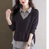 Fake Two Piece Top Knit Sweater Women's Splice Shirt Collar 2024 Spring Autumn New Korean Loose Long Sleeve Sweater Brown Shirt