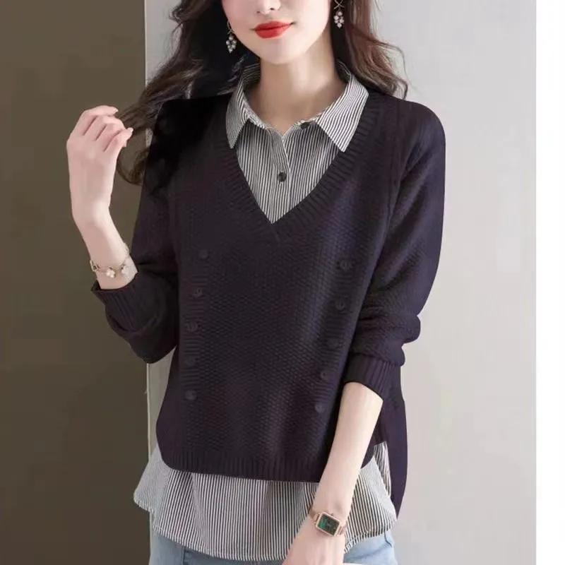 Fake Two Piece Top Knit Sweater Women's Splice Shirt Collar 2024 Spring Autumn New Korean Loose Long Sleeve Sweater Brown Shirt