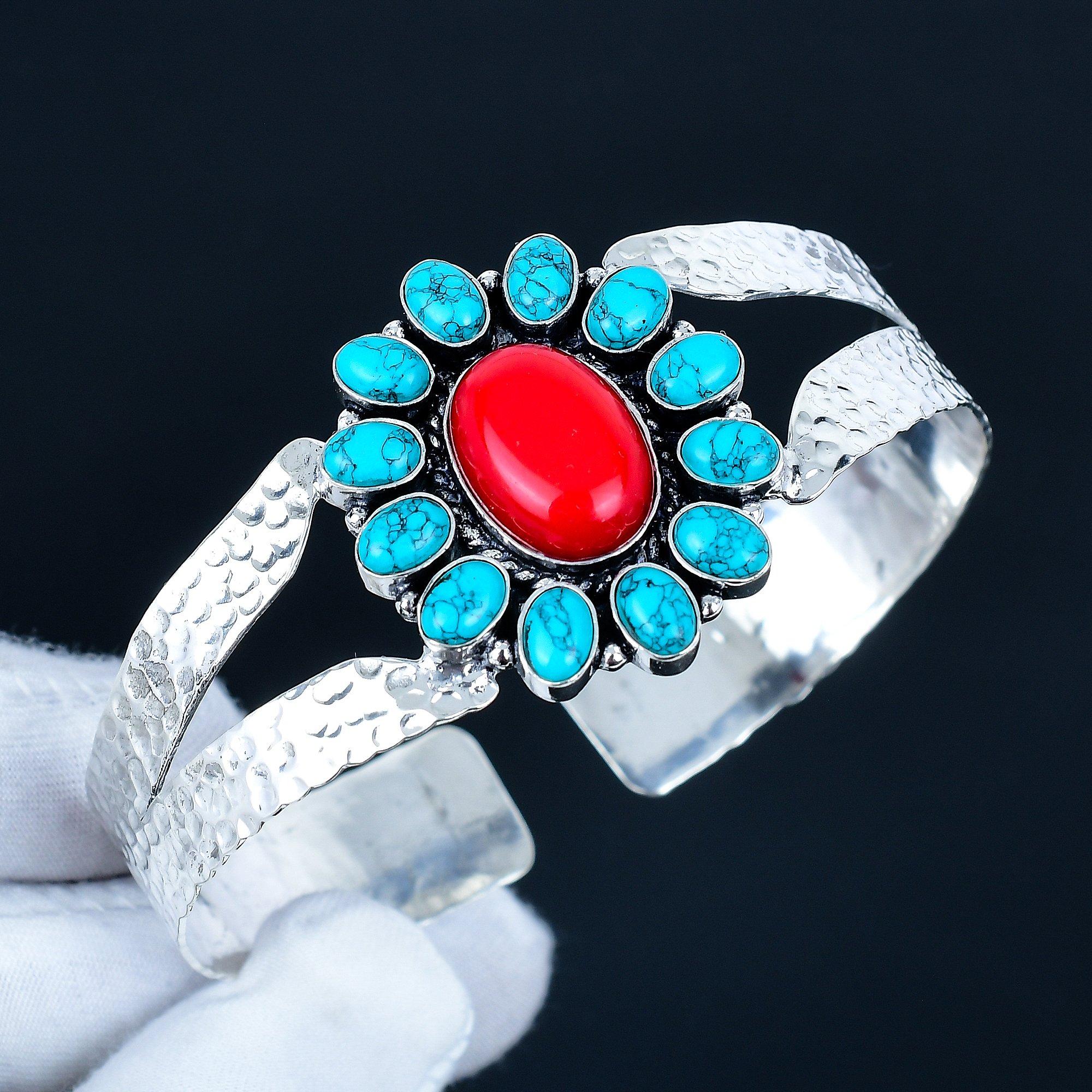 

Натуральный Красный Коралл Драгоценный Камень Ручной Работы Манжета Браслет 925 Стерлинговое Серебро Манжета Браслет, Бирюзовый В Форме Цветка Браслет Для Жены, Унисекс Браслет, Подарок Любви 7 красный