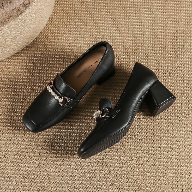 Simple Office Wear Soft and Innocent Leather Single Shoes 6 Cm Heel Tall Spring and Autumn Square Head Mary Pearl Diamond-inlaid Women's Shoes