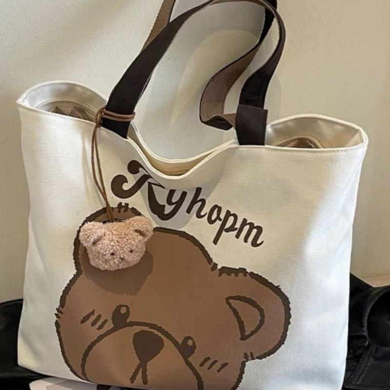Fashionable Cartoon Printed Cute Bear with Bear Head Pendant, Single Shoulder Large Capacity Student Bag, Versatile Single Shoulder Bag, Handbag