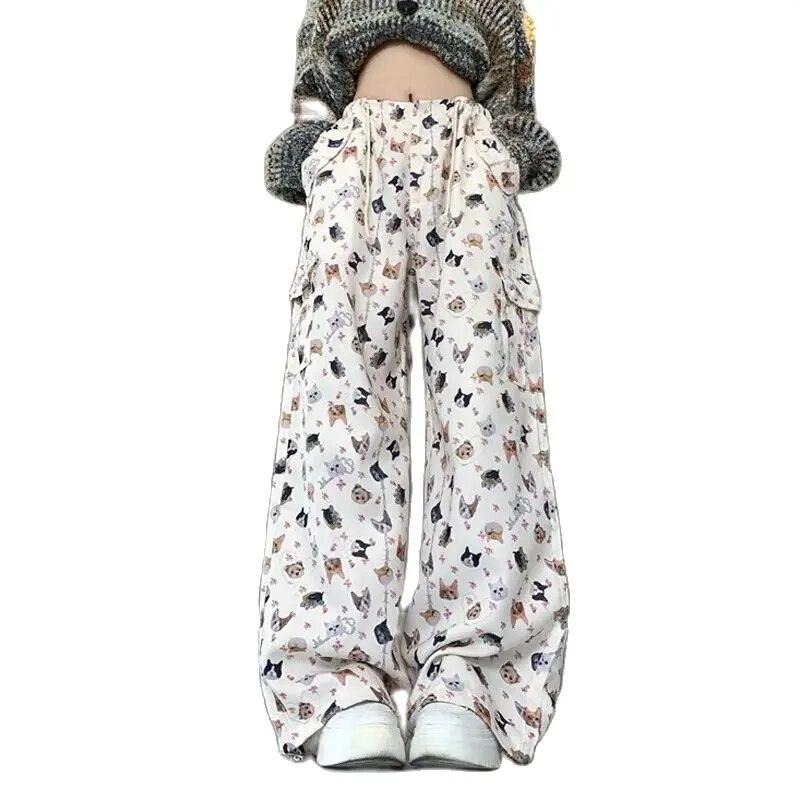 

Женский рабочий костюм в стиле ретро с граффити, брюки 90-х годов, горячая девушка Y2K, прямые спортивные брюки для уличных танцев, широкие повседневные брюки L бежевый