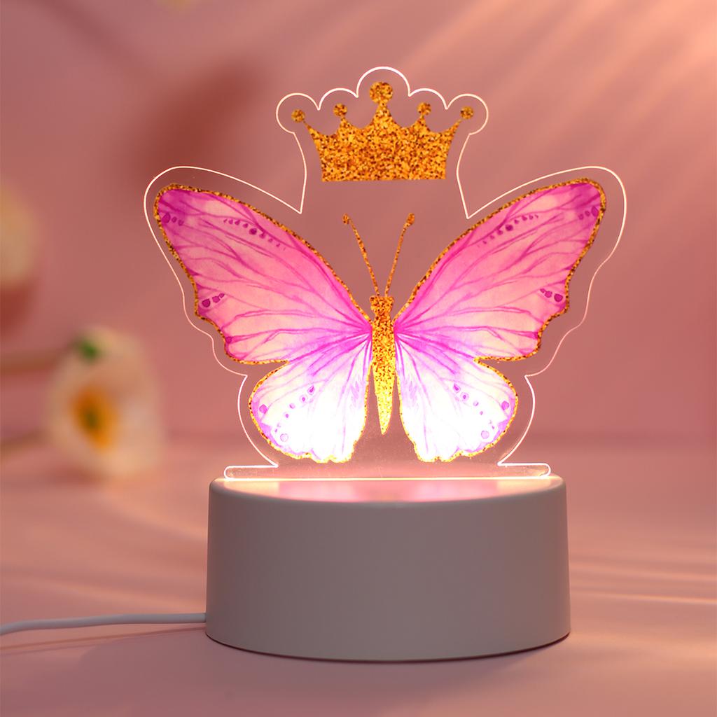 Pink Purple Butterfly Acrylic Sign Light LED With Crown Butterfly Night Light Lamp Decor Birthday Party Room Christmas Gift