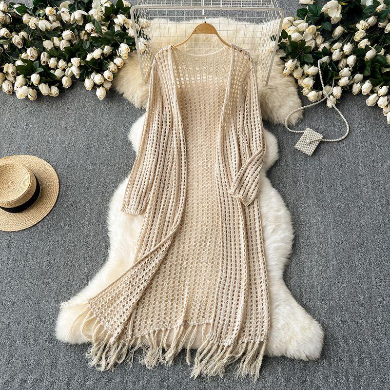 Fancy Idle Style Mid Length Long Length Cardigan Shawl Women's Seaside Holiday Travel Sun Protection Cut Out Knitting Tassel Outwear