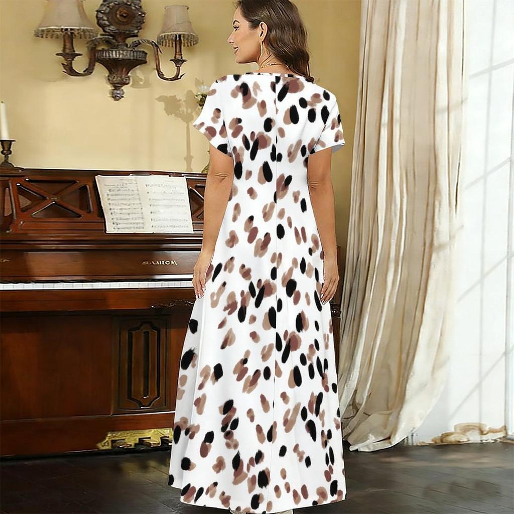 Women Plus Size V Neck Short Sleeve Geometric Printed Casual Long Dress