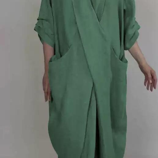 Spring Fall Maxi Dress Robe Baggy Cross V Neck Solid Color Large Pocket Retro A-line Bohemian