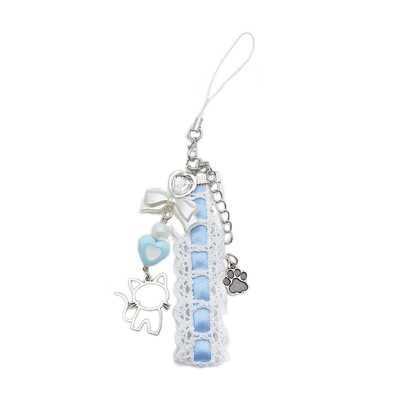 

Милая кружевная лента, подвеска в виде кошки, милый ремешок для телефона, украшение на сумку, портативная подвеска, шнурок, подарок для девочек и женщин синий