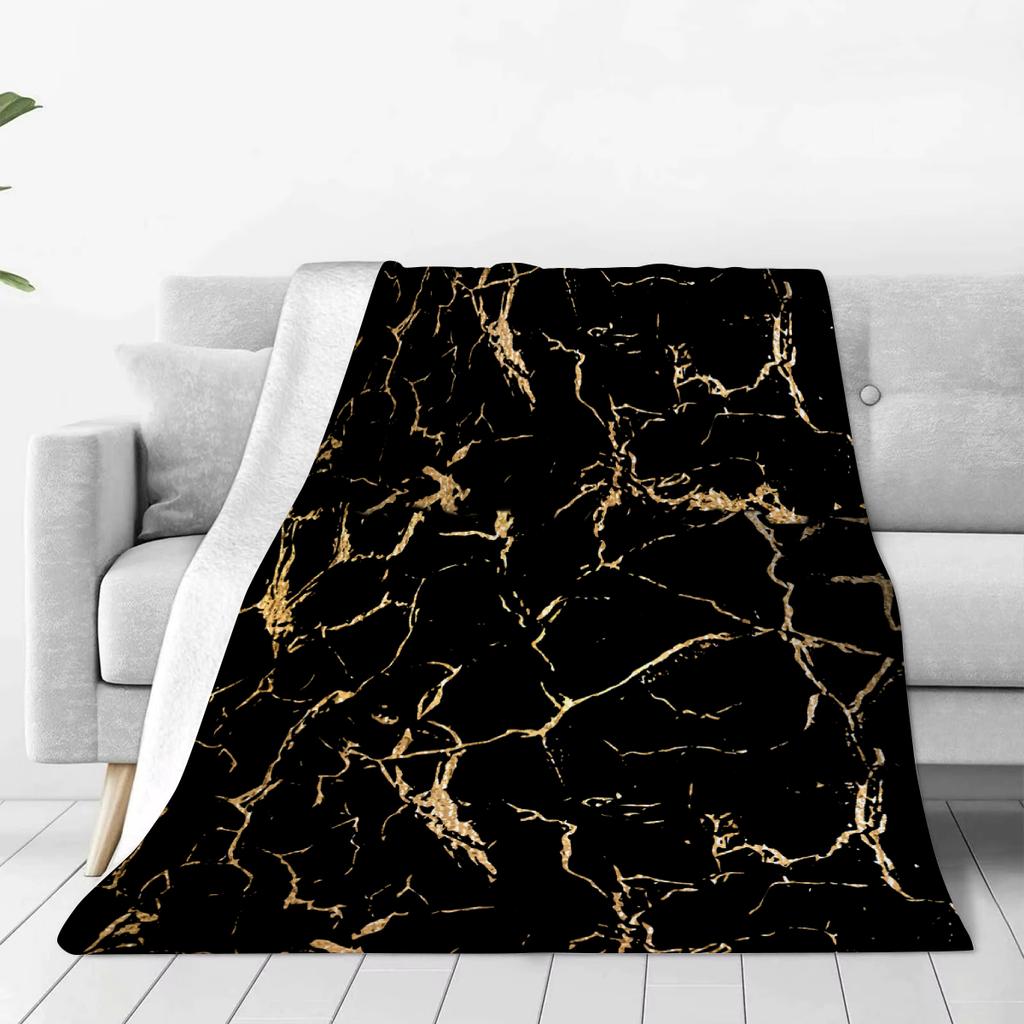1pc Black Blanket Veined Marble Printed Luxury Comfortable Flannel Blanket for Home Living Room Bedroom Decoration Birthday Gift
