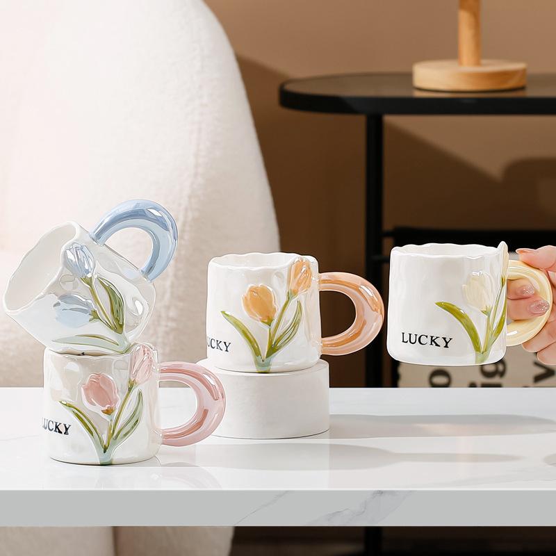 Tulip ceramic mug high value cup girls souvenir practical water cup office coffee cup with spoon